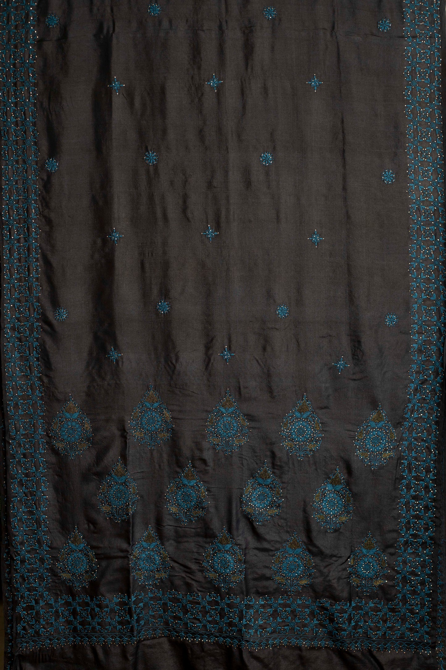 Mughal Butta Teal & Black Chikankari on Black Handwoven Tussar Silk