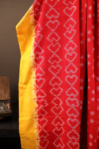 Red Hearts & Crosses with Mehendi Green Floral Pallu Handwoven Single Ikkat Cotton