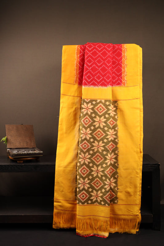 Red Diamonds & Mehendi Green Floral Handwoven Single Ikkat Cotton