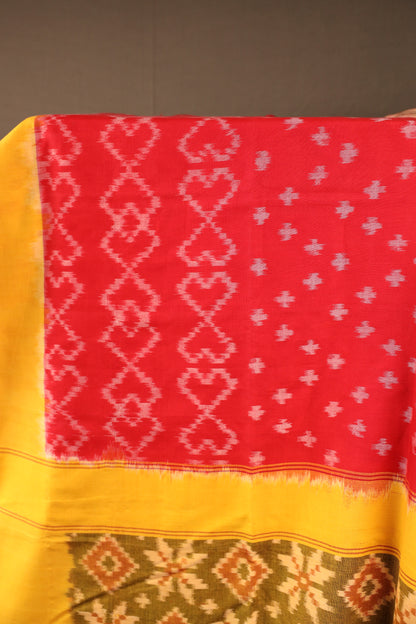 Red Hearts & Crosses with Mehendi Green Floral Pallu Handwoven Single Ikkat Cotton