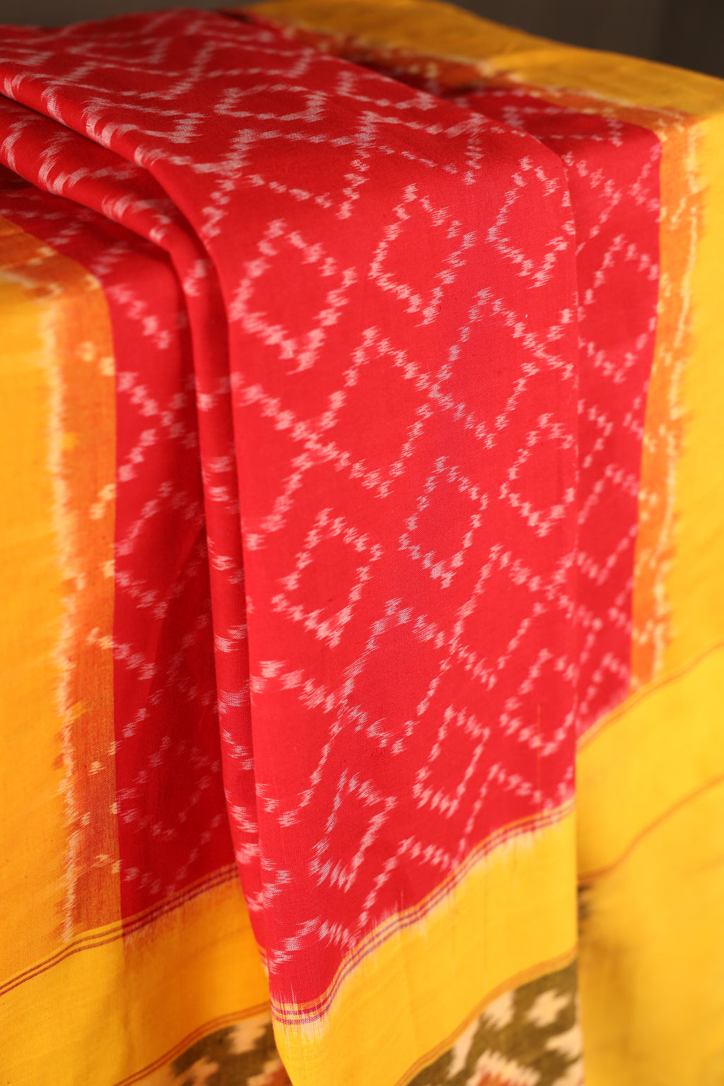 Red Diamonds & Mehendi Green Floral Handwoven Single Ikkat Cotton