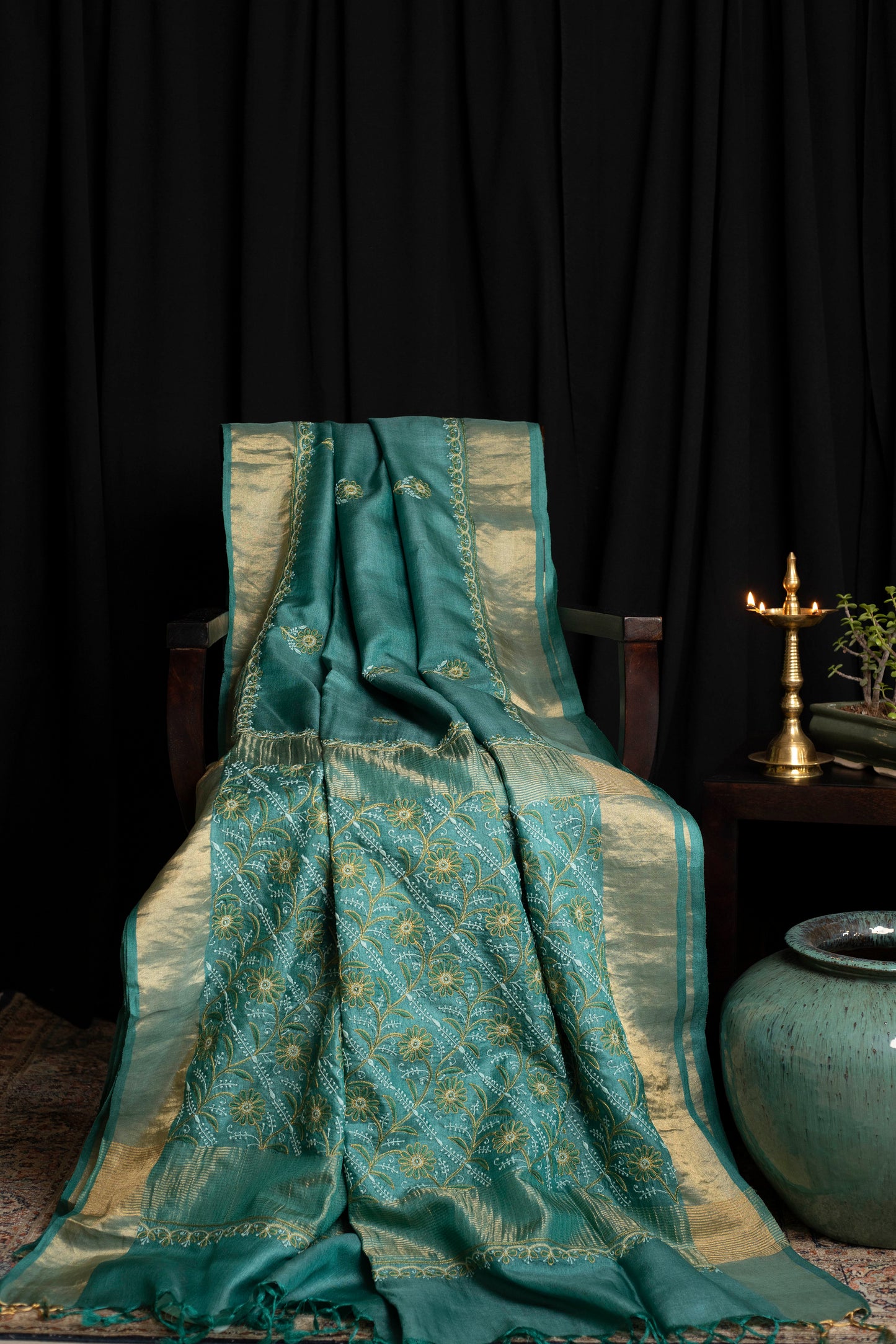 Floral Aari & Jaal Chikankari on Sea Green Handwoven Tussar Silk