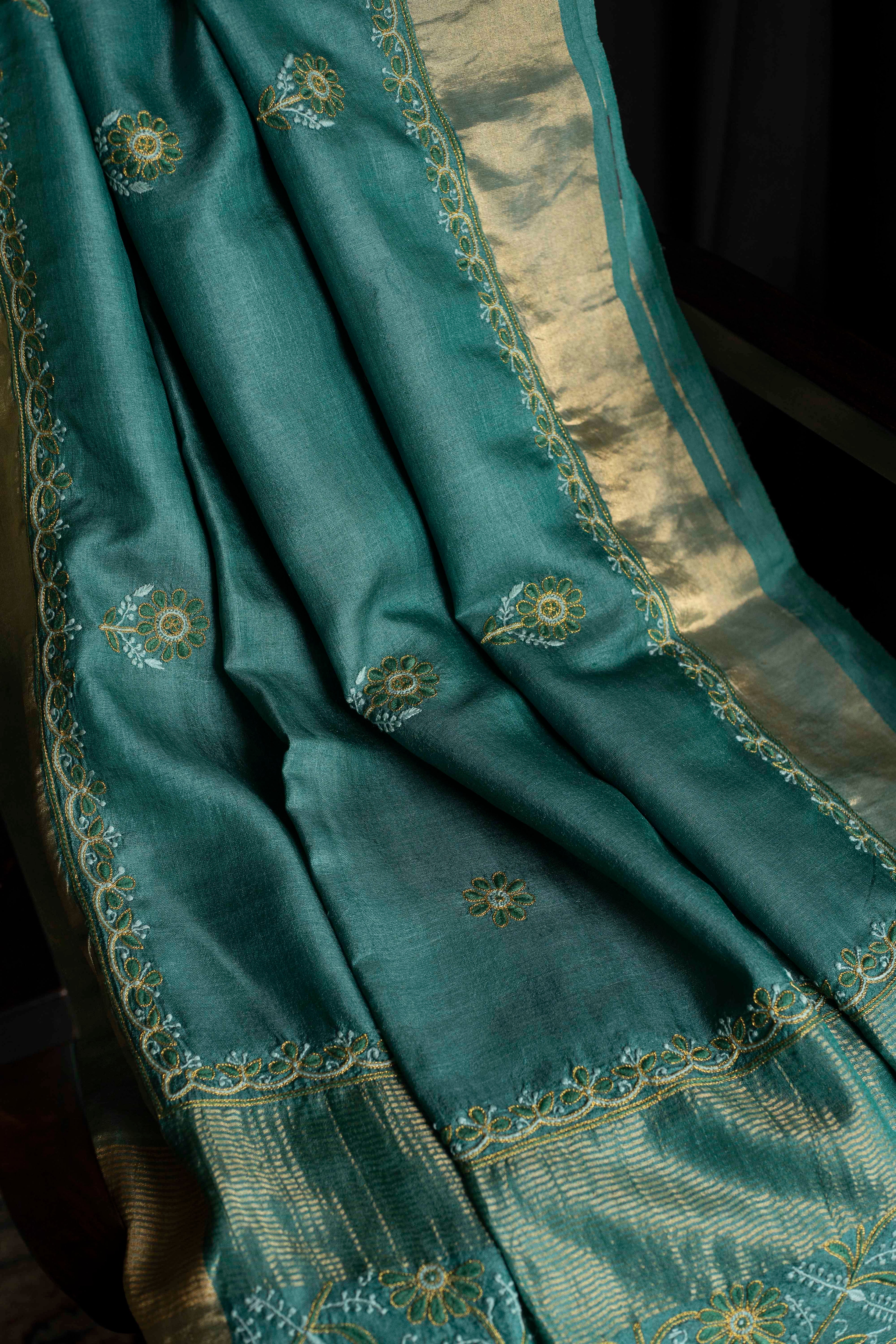 Floral Aari & Jaal Chikankari on Sea Green Handwoven Tussar Silk