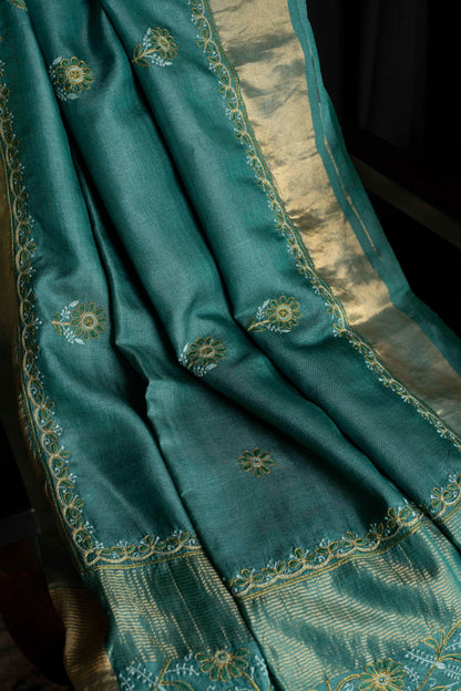 Floral Aari & Jaal Chikankari on Sea Green Handwoven Tussar Silk