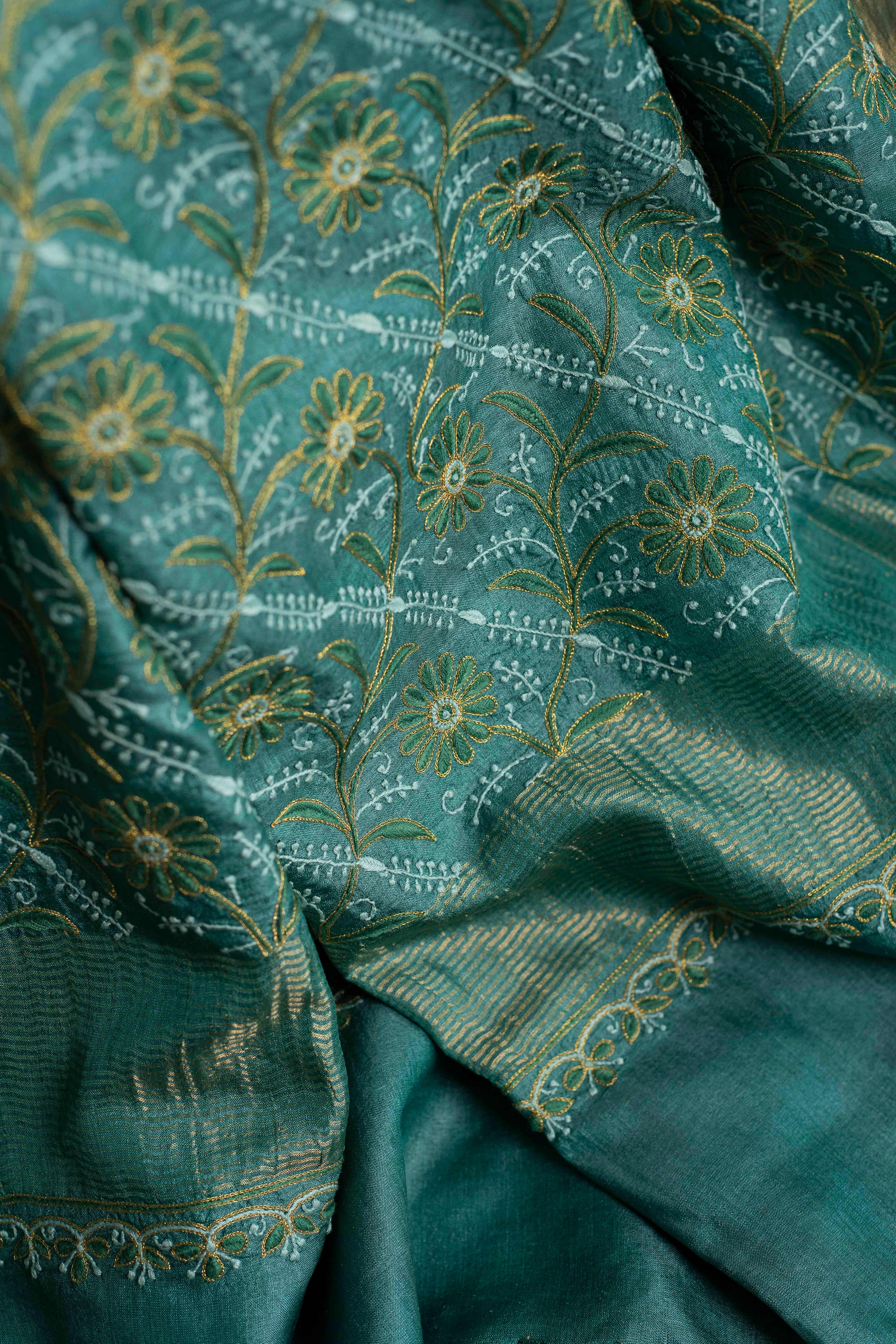 Floral Aari & Jaal Chikankari on Sea Green Handwoven Tussar Silk