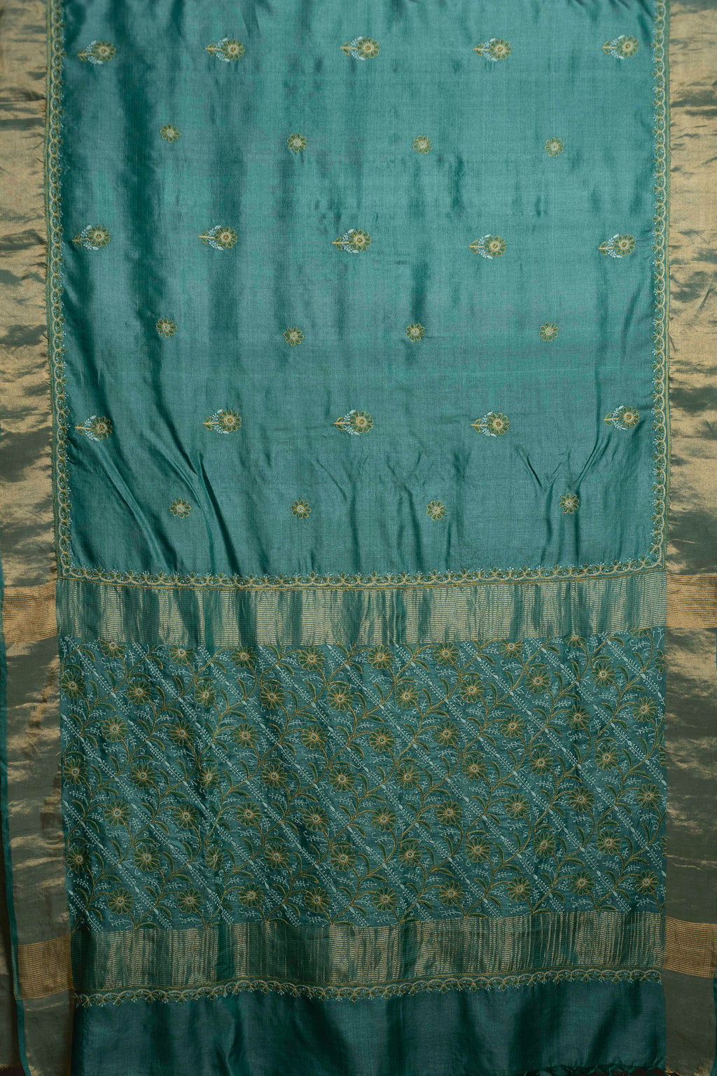 Floral Aari & Jaal Chikankari on Sea Green Handwoven Tussar Silk