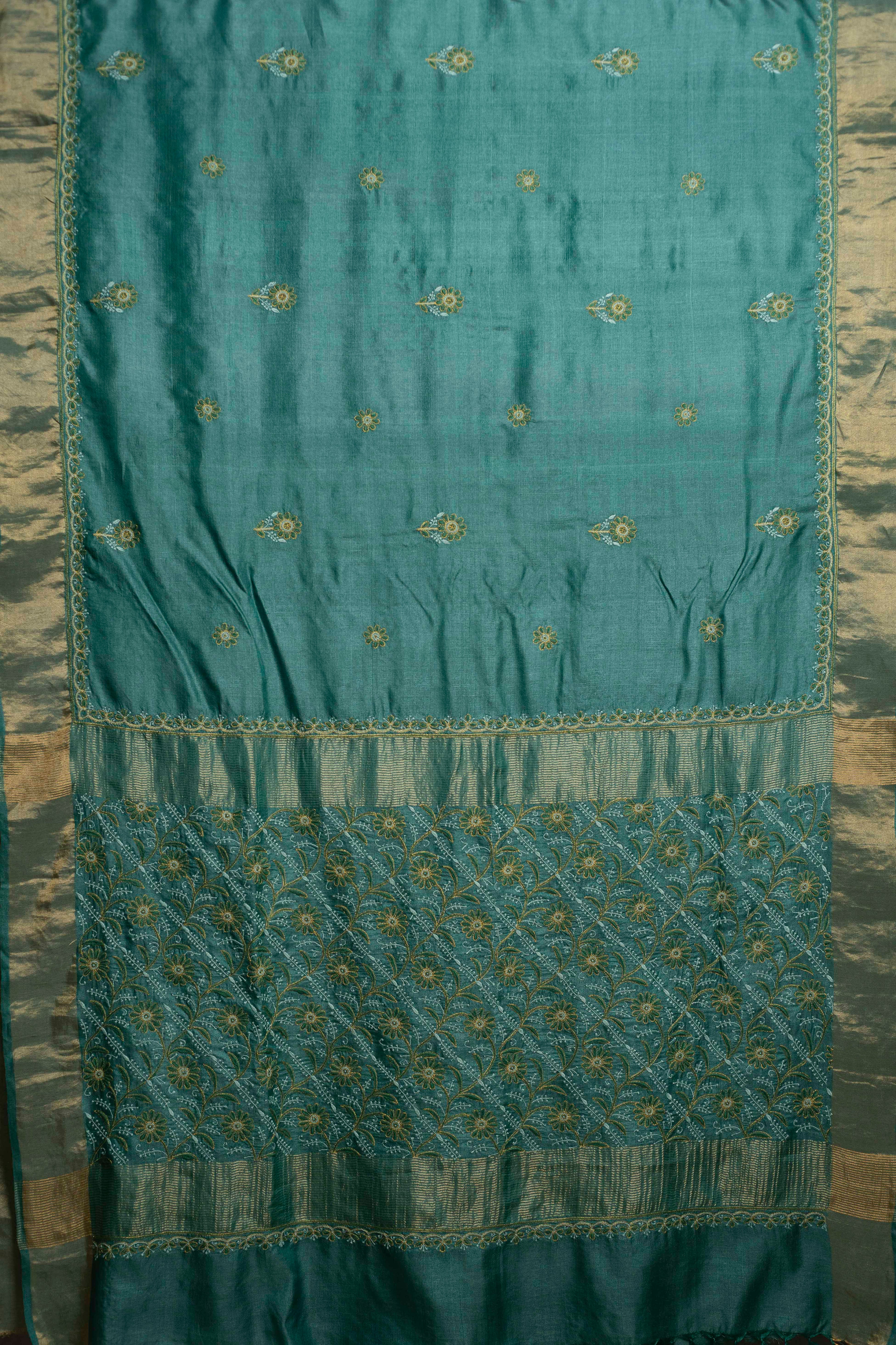 Floral Aari & Jaal Chikankari on Sea Green Handwoven Tussar Silk