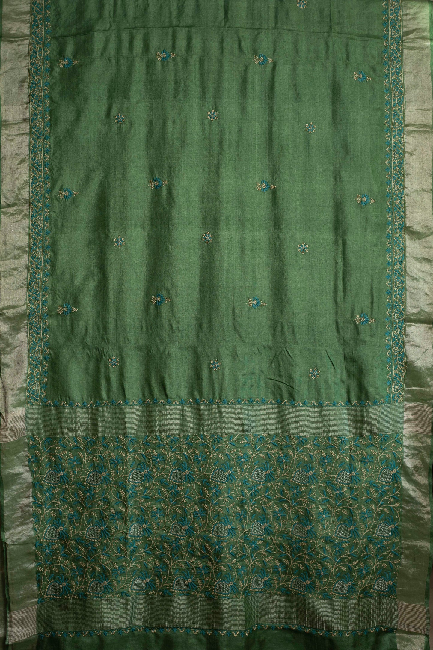 Floral Aari & Jaal Chikankari on Green Handwoven Tussar Silk