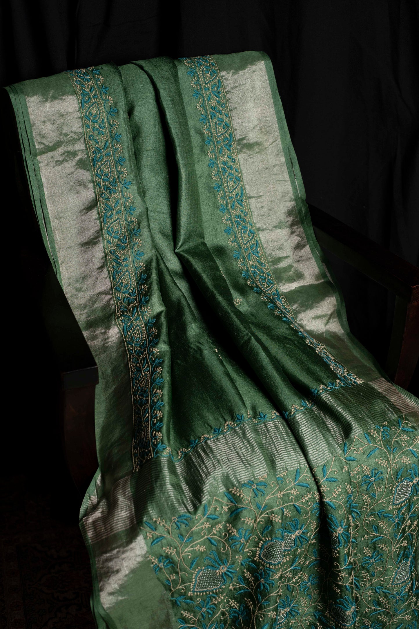 Floral Aari & Jaal Chikankari on Green Handwoven Tussar Silk