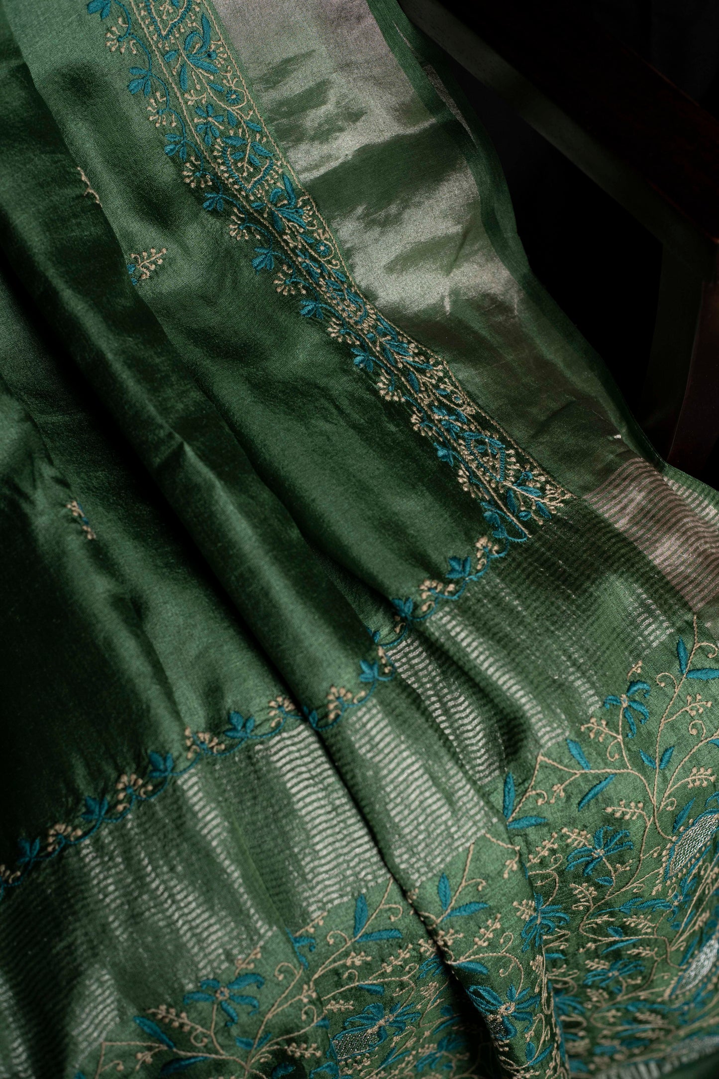 Floral Aari & Jaal Chikankari on Green Handwoven Tussar Silk