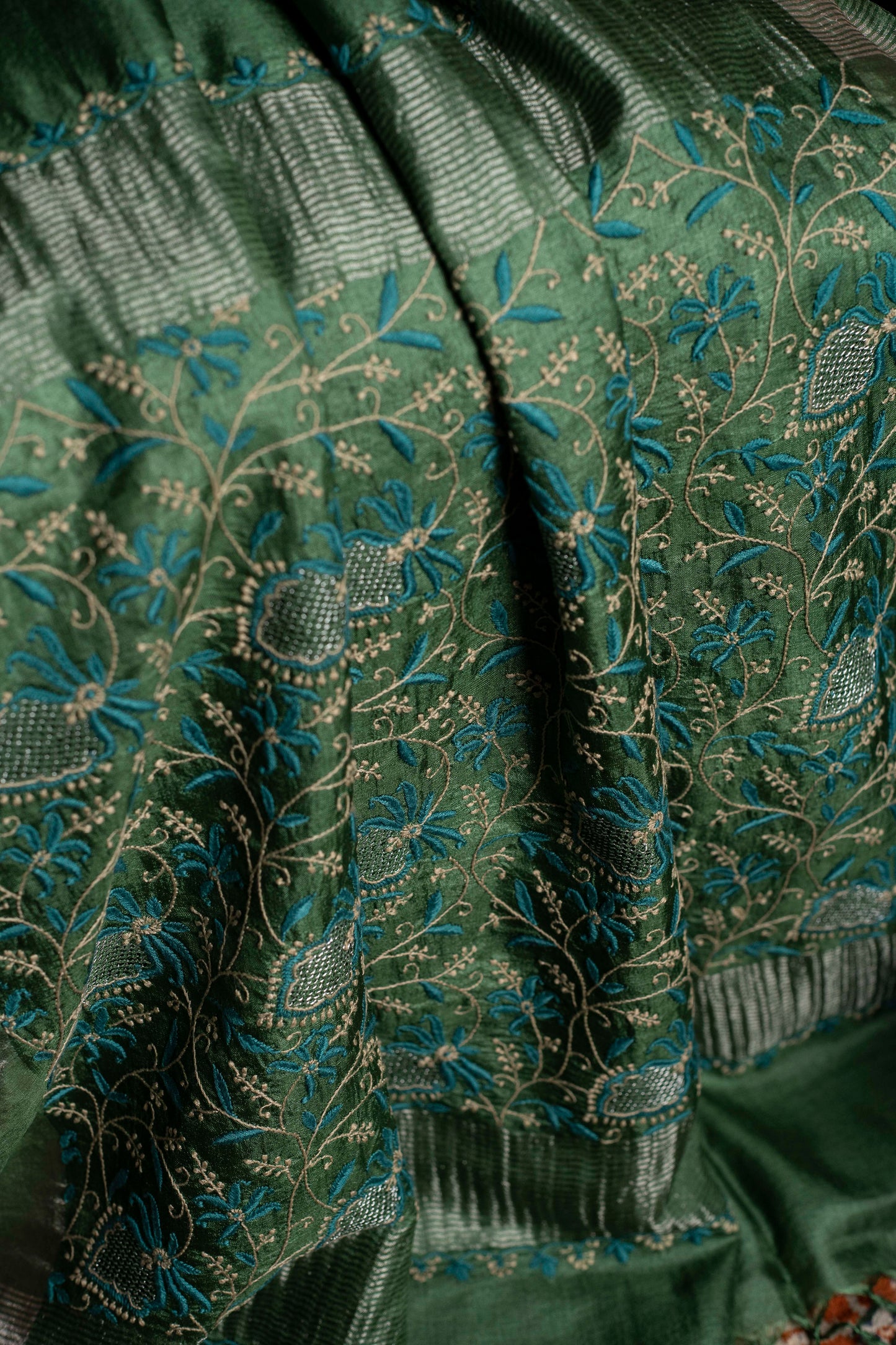 Floral Aari & Jaal Chikankari on Green Handwoven Tussar Silk