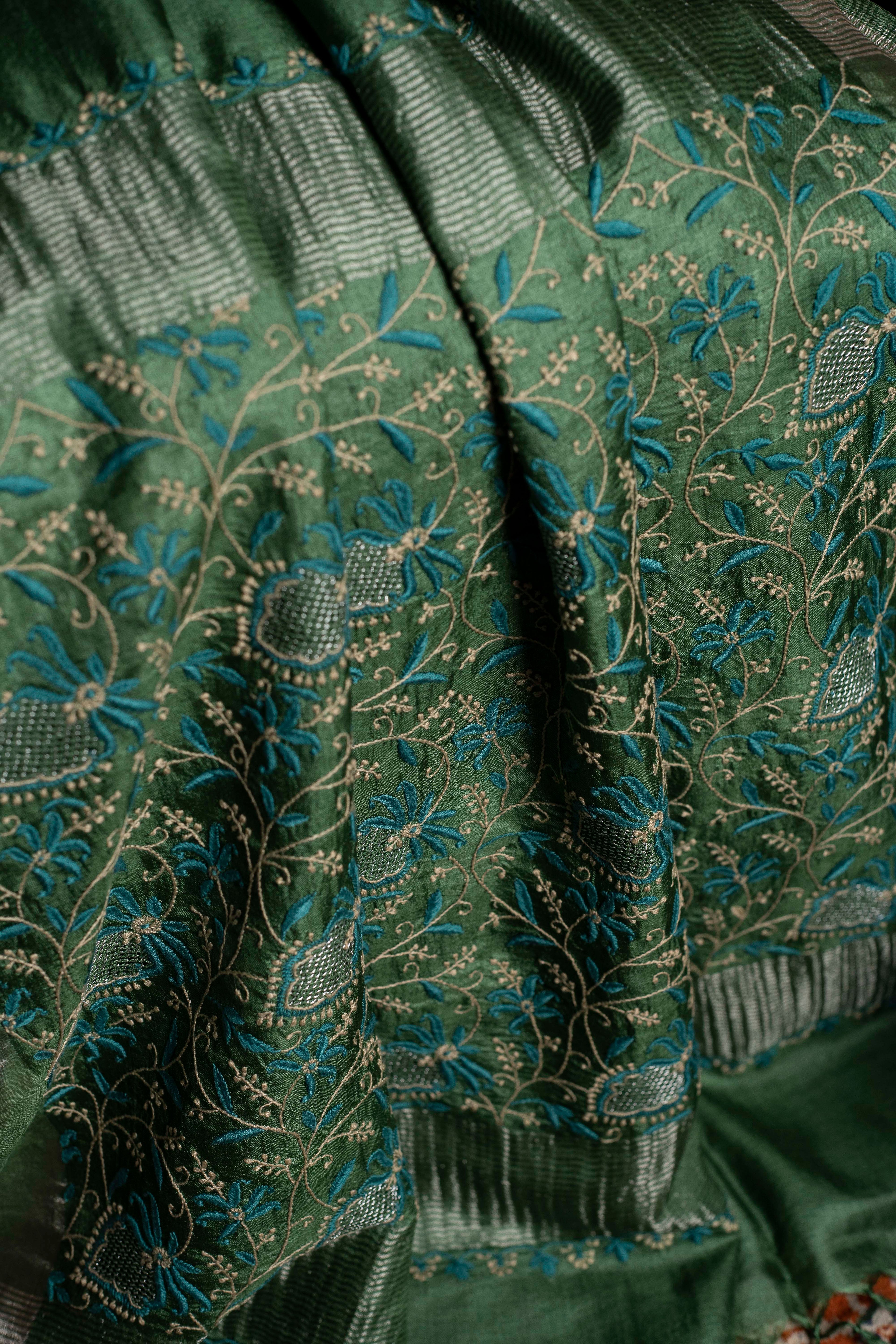Floral Aari & Jaal Chikankari on Green Handwoven Tussar Silk