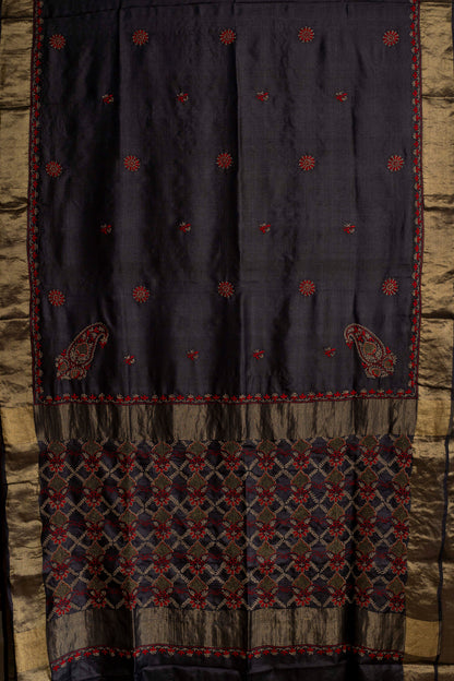 Floral Jaal & Aari Chikankari on Black Handwoven Tussar Silk