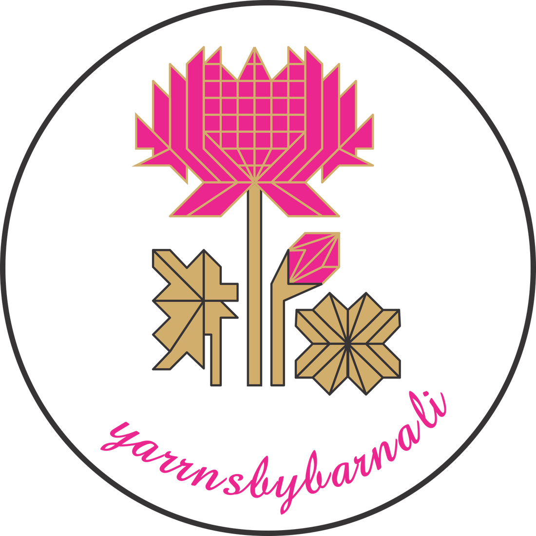 Logo depicts a Rani pink lotus in full bloom with stems and leaves in gold. The design is geometric and based on repeating fractals in symmetry. The word "yarrnsbybarnali" appears in cursive beneath the flower in the same shade of Rani pink.