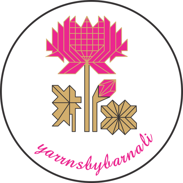 Logo depicts a Rani pink lotus in full bloom with stems and leaves in gold. The design is geometric and based on repeating fractals in symmetry. The word "yarrnsbybarnali" appears in cursive beneath the flower in the same shade of Rani pink.